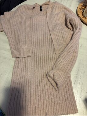 Blush Ribbed Sweater Dress with Cropped Cardigan